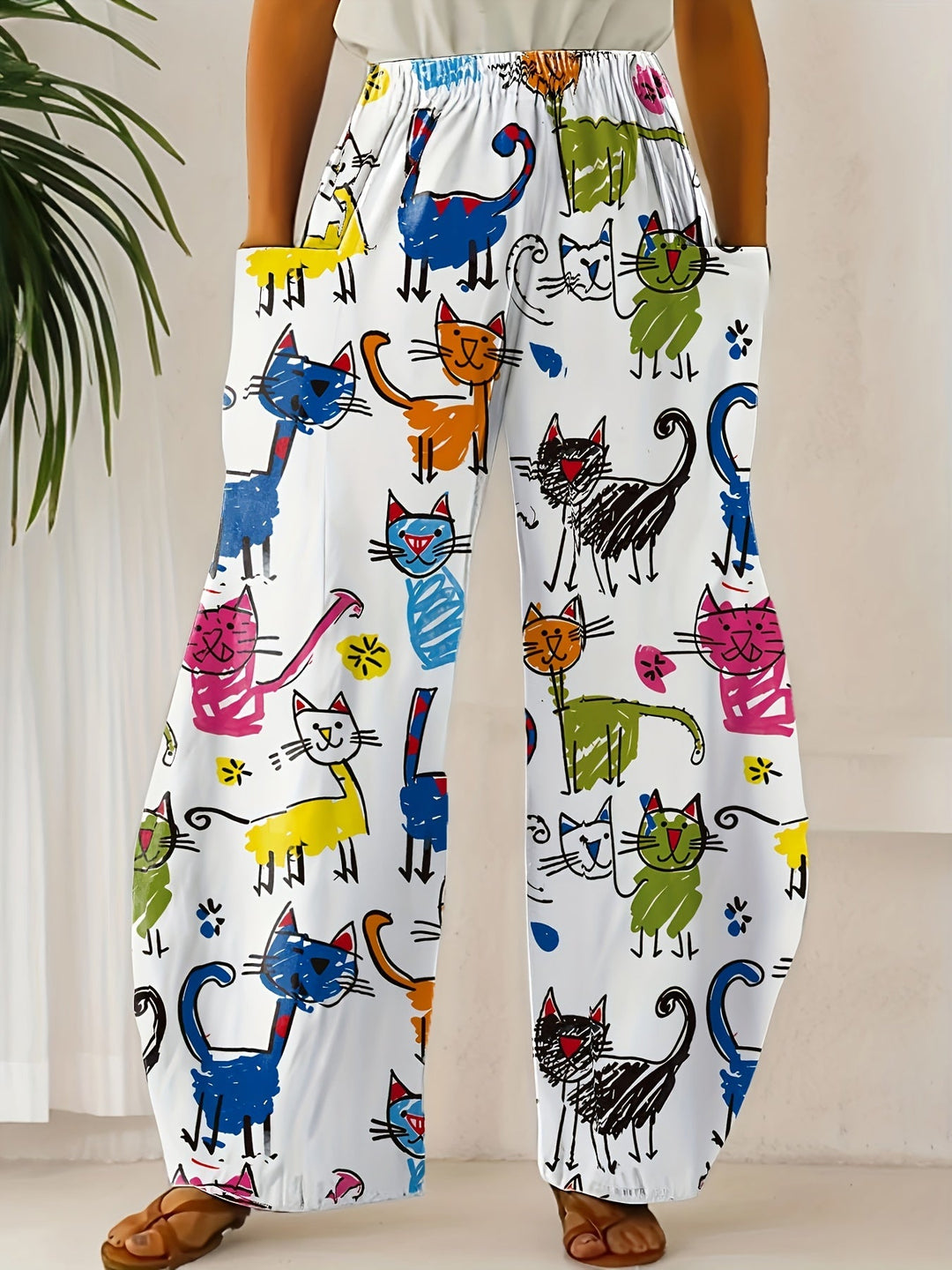 Presley | Cat Art Wide-Leg Pants